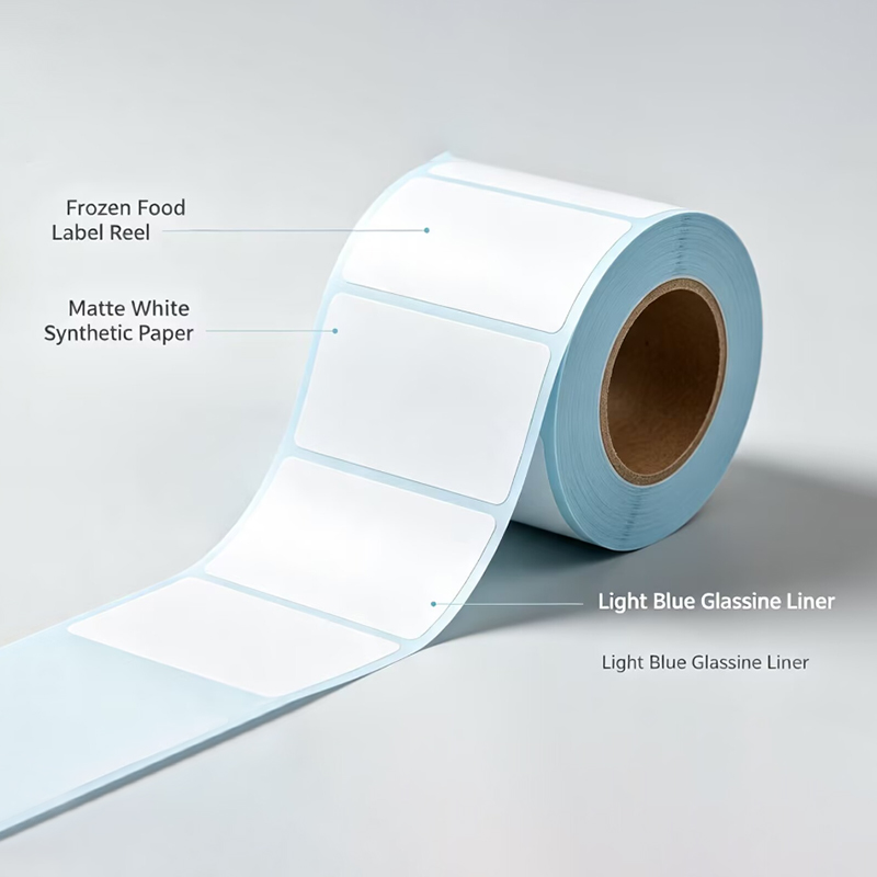 80mic matt white synthetic paper / solvent removable frozen adhesive  /60g upm sky blue glassine liner 